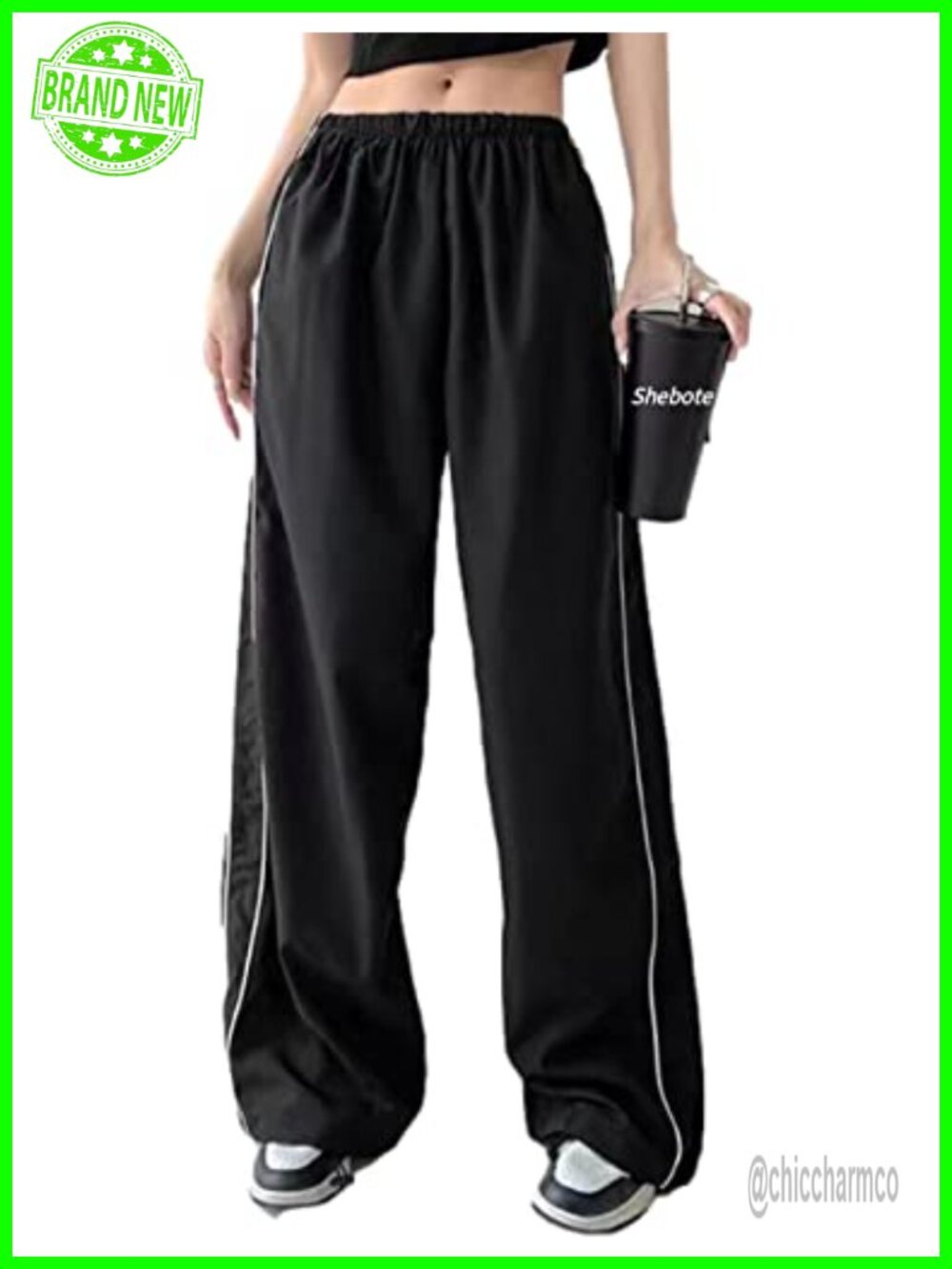 Womens Parachute Pants Wide Leg Baggy Y2K Elastic Waist Jogger Sweatpants